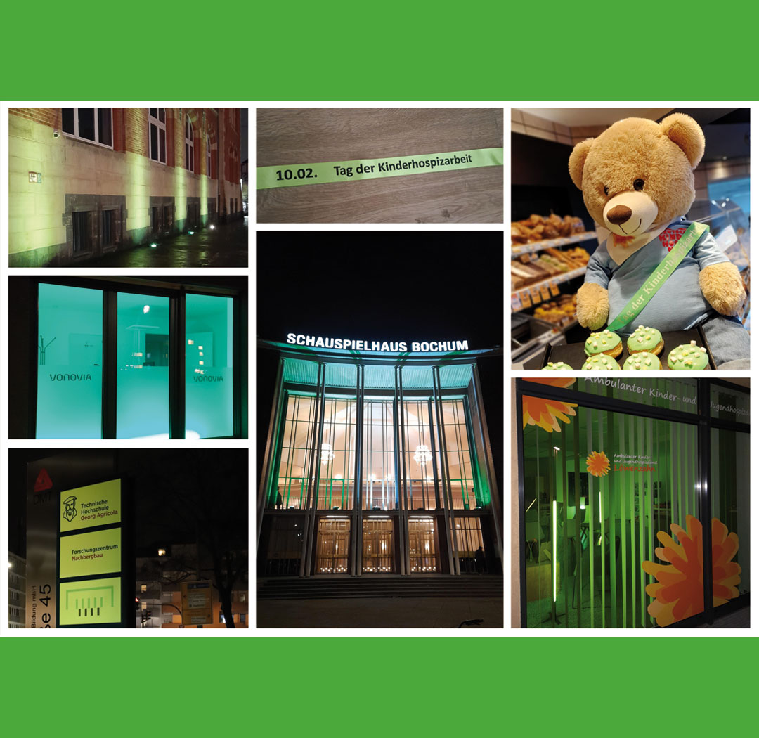 Eine Collage mit verschiedenen Bildern von Gebäuden, die grün angeleuchtet werden